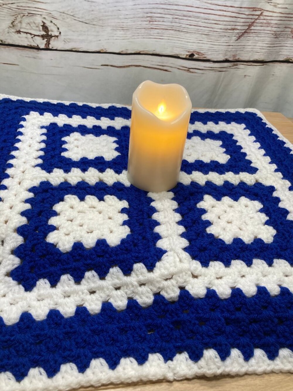Handmade Crochet Granny Square Mini Blanket 20x20 Blue White